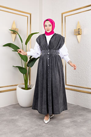 Kadın V Yaka Düğmeli Siyah Kot Jile