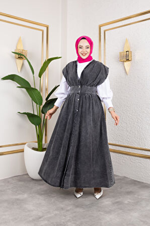 Kadın V Yaka Düğmeli Siyah Kot Jile