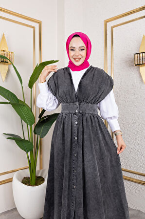 Kadın V Yaka Düğmeli Siyah Kot Jile