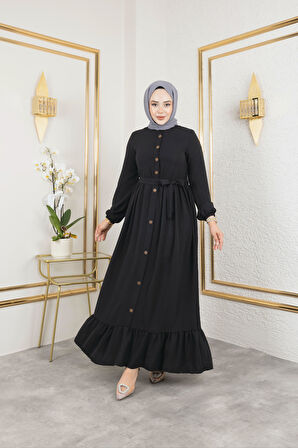Kadın Düğmeli Kuşaklı Siyah Ayrobin Elbise