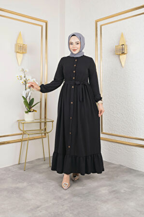 Kadın Düğmeli Kuşaklı Siyah Ayrobin Elbise