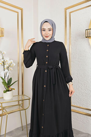Kadın Düğmeli Kuşaklı Siyah Ayrobin Elbise