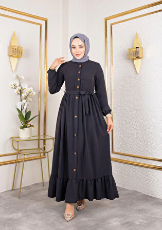 Kadın Düğmeli Kuşaklı Siyah Ayrobin Elbise