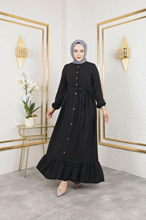 Kadın Düğmeli Kuşaklı Siyah Ayrobin Elbise