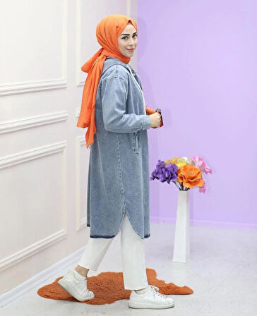 Kadın Düğmeli Kapüşonlu Kot Ceket