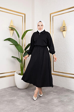 Kadın Fermuar Detaylı Siyah Çilek Kumaş Takım