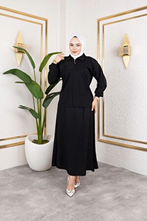 Kadın Fermuar Detaylı Siyah Çilek Kumaş Takım