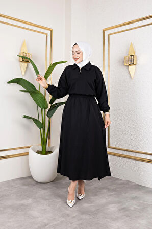 Kadın Fermuar Detaylı Siyah Çilek Kumaş Takım