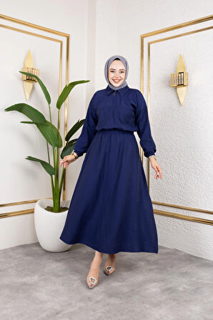 Kadın Fermuar Detaylı Lacivert Çilek Kumaş Takım