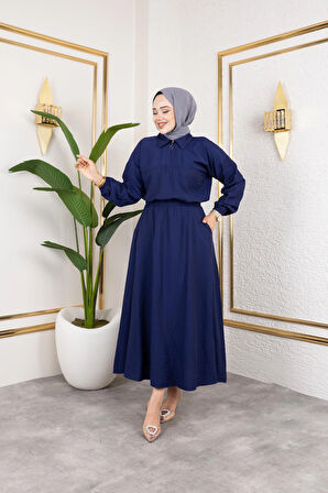 Kadın Fermuar Detaylı Lacivert Çilek Kumaş Takım