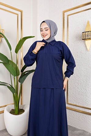 Kadın Fermuar Detaylı Lacivert Çilek Kumaş Takım