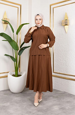 Kadın Fermuar Detaylı Kahverengi Çilek Kumaş Takım