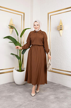 Kadın Fermuar Detaylı Kahverengi Çilek Kumaş Takım