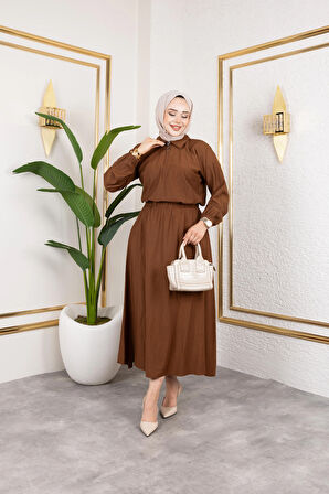 Kadın Fermuar Detaylı Kahverengi Çilek Kumaş Takım