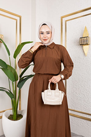 Kadın Fermuar Detaylı Kahverengi Çilek Kumaş Takım