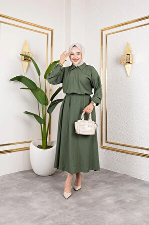 Kadın Fermuar Detaylı Haki Çilek Kumaş Takım