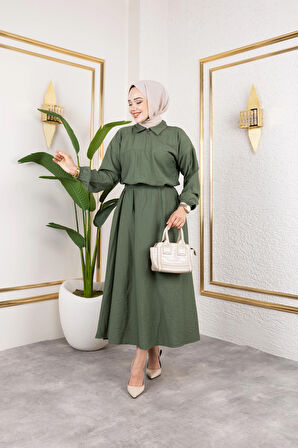 Kadın Fermuar Detaylı Haki Çilek Kumaş Takım