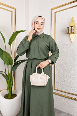 Kadın Fermuar Detaylı Haki Çilek Kumaş Takım