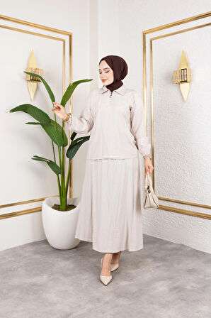 Kadın Fermuar Detaylı Vizyon Çilek Kumaş Takım