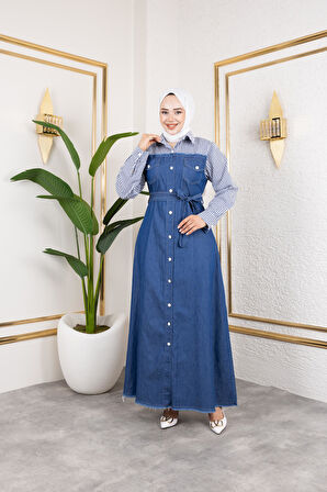 Kadın Kuşaklı Çizgili Kot Elbise