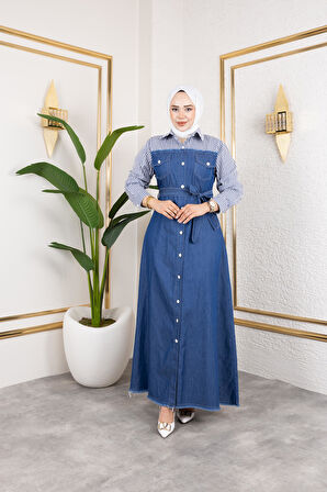 Kadın Kuşaklı Çizgili Kot Elbise