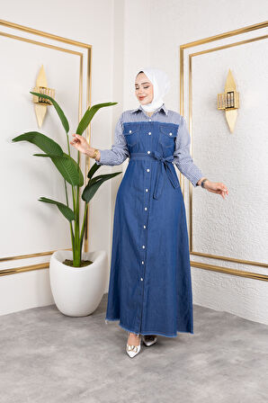 Kadın Kuşaklı Çizgili Kot Elbise