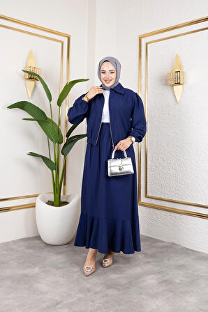 Kadın Çilek Kumaş Fermuarlı Lacivert İkili Takım