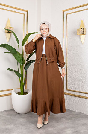 Kadın Çilek Kumaş Fermuarlı Kahverengi İkili Takım