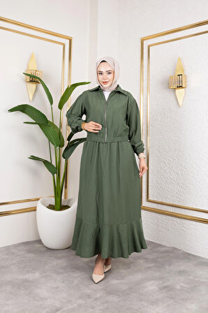 Kadın Çilek Kumaş Fermuarlı Haki İkili Takım