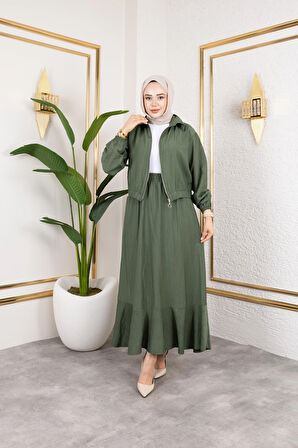 Kadın Çilek Kumaş Fermuarlı Haki İkili Takım