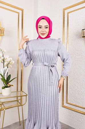 Kadın Fırfır Detaylı Kuşaklı Gri Keten Elbise