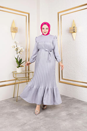 Kadın Fırfır Detaylı Kuşaklı Gri Keten Elbise