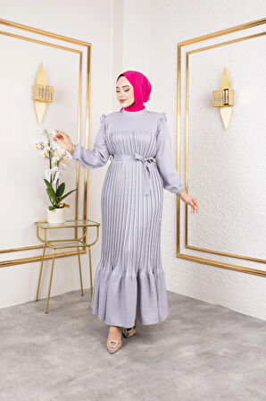 Kadın Fırfır Detaylı Kuşaklı Gri Keten Elbise