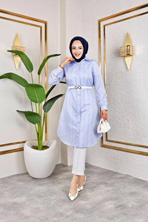 Kemerli Çizgili Keten Gömlek