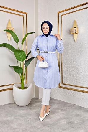 Kemerli Çizgili Keten Gömlek