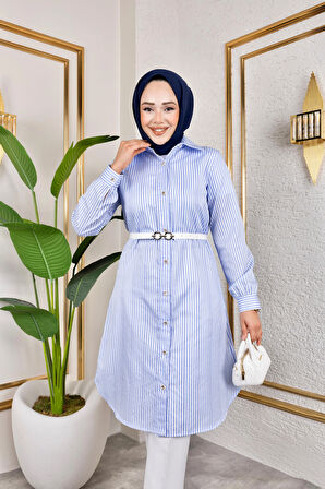 Kemerli Çizgili Keten Gömlek