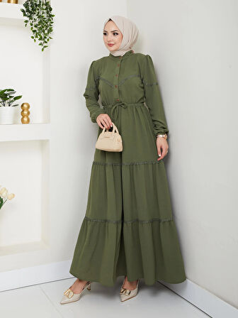 Kadın Dantel Detaylı Bel Bağcıklı Haki Ayrobin Elbise