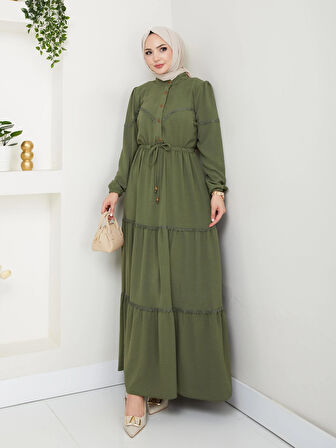 Kadın Dantel Detaylı Bel Bağcıklı Haki Ayrobin Elbise