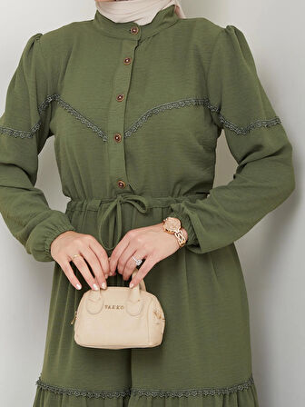 Kadın Dantel Detaylı Bel Bağcıklı Haki Ayrobin Elbise