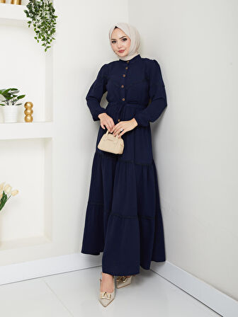 Kadın Dantel Detaylı Bel Bağcıklı Lacivert Ayrobin Elbise