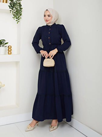 Kadın Dantel Detaylı Bel Bağcıklı Lacivert Ayrobin Elbise