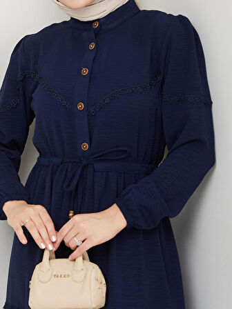 Kadın Dantel Detaylı Bel Bağcıklı Lacivert Ayrobin Elbise