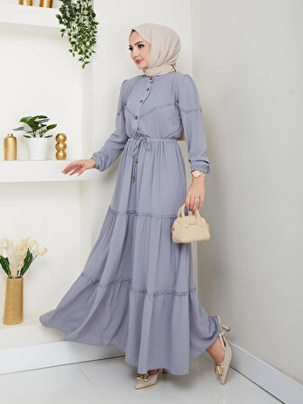 Kadın Dantel Detaylı Bel Bağcıklı Gri Ayrobin Elbise