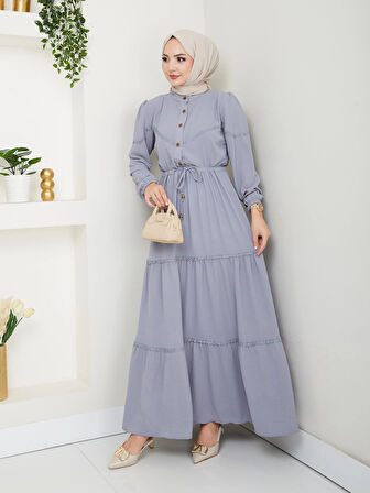 Kadın Dantel Detaylı Bel Bağcıklı Gri Ayrobin Elbise
