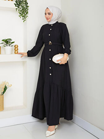 Kadın Beli Kemerli Düğme Detaylı Çilek Kumaş Siyah Elbise