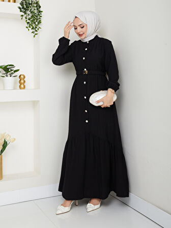 Kadın Beli Kemerli Düğme Detaylı Çilek Kumaş Siyah Elbise
