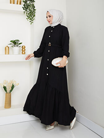 Kadın Beli Kemerli Düğme Detaylı Çilek Kumaş Siyah Elbise