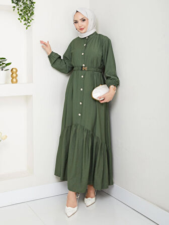 Kadın Beli Kemerli Düğme Detaylı Çilek Kumaş Haki Elbise