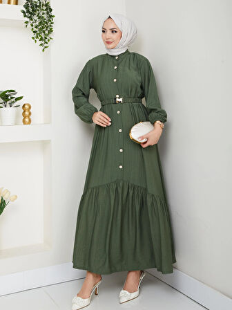 Kadın Beli Kemerli Düğme Detaylı Çilek Kumaş Haki Elbise