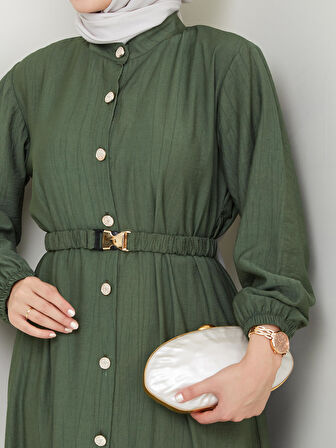 Kadın Beli Kemerli Düğme Detaylı Çilek Kumaş Haki Elbise